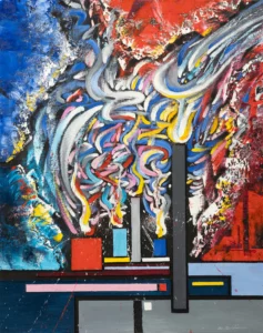 Peinture abstraite contemporaine aux tons rouges, bleus et blancs représentant des formes fluides et lumineuses surgissant au-dessus de structures géométriques sombres.