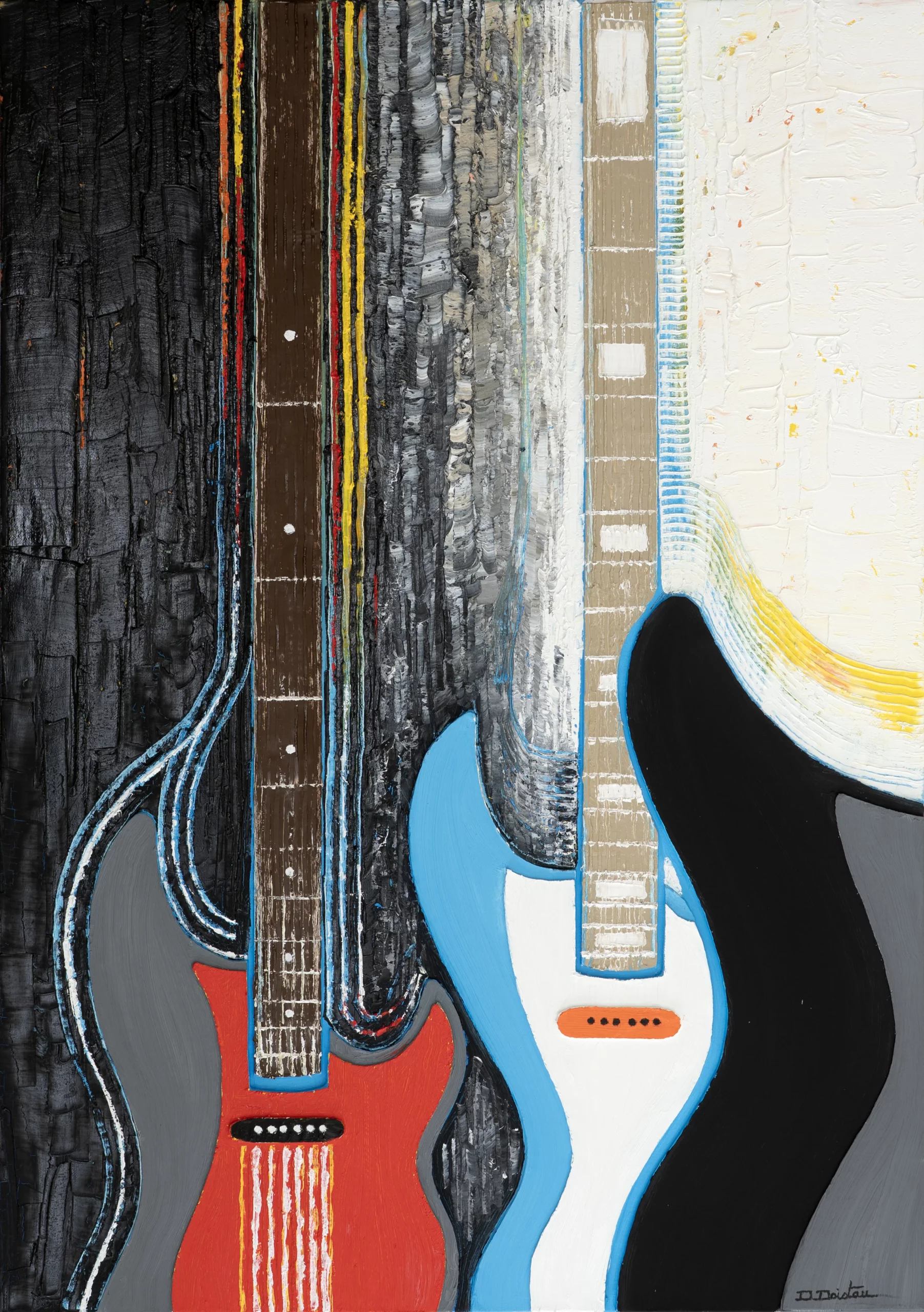 Peinture abstraite contemporaine représentant plusieurs guitares stylisées aux couleurs rouge, bleu, noir et blanc, avec des lignes verticales texturées évoquant le rythme musical.