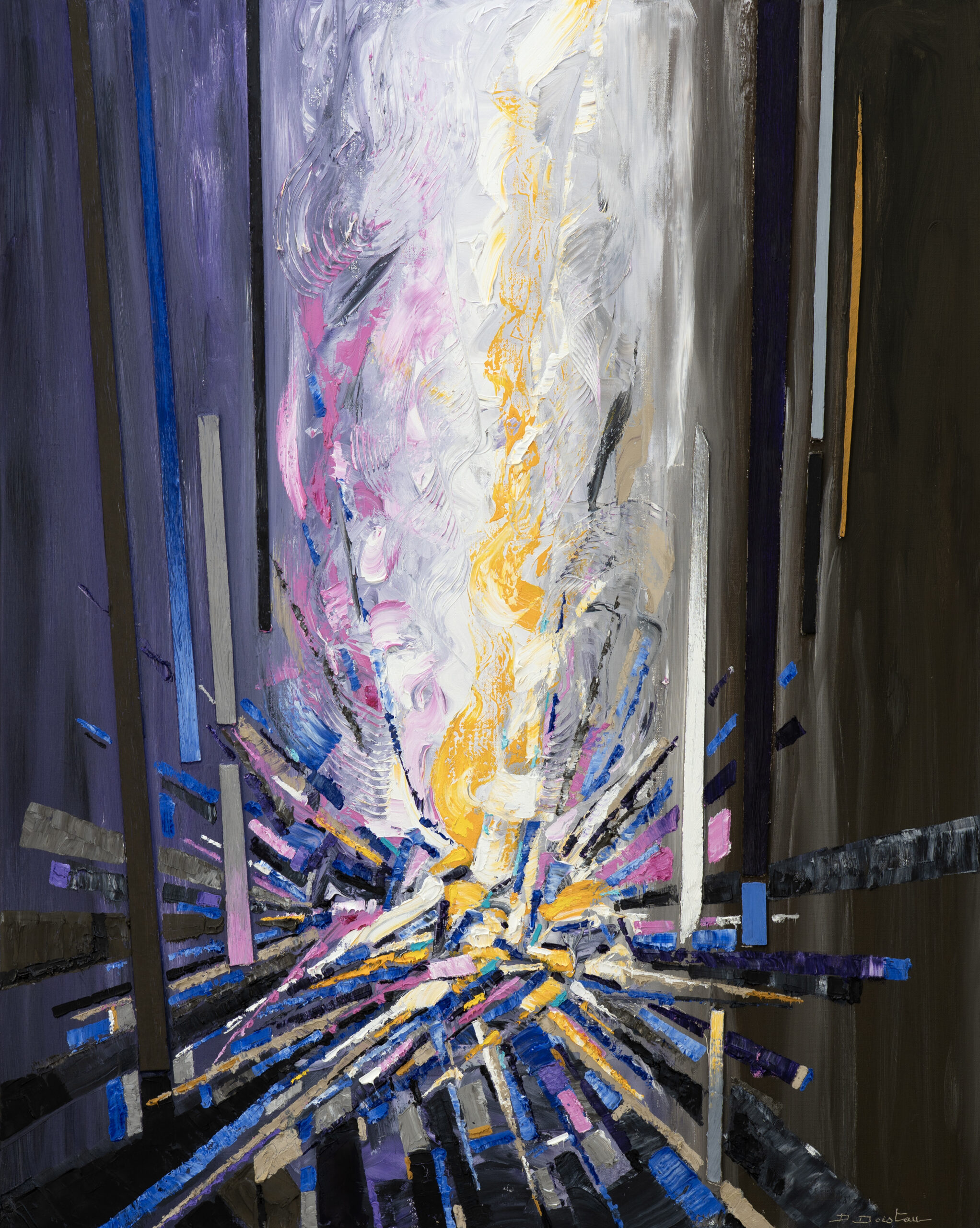 Feu d'Amour de Denis Doistau, peinture abstraite contemporaine montrant une explosion de lumière blanche et jaune entourée d'éclats bleus, violets et roses dans une composition dynamique et lumineuse.
